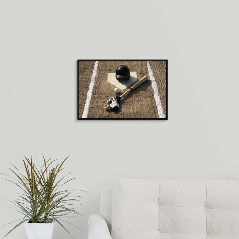 "Baseball, bat, batting gloves and baseball helmet at home plate" Black Float Frame Canvas Art