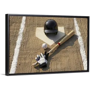 "Baseball, bat, batting gloves and baseball helmet at home plate" Black Float Frame Canvas Art