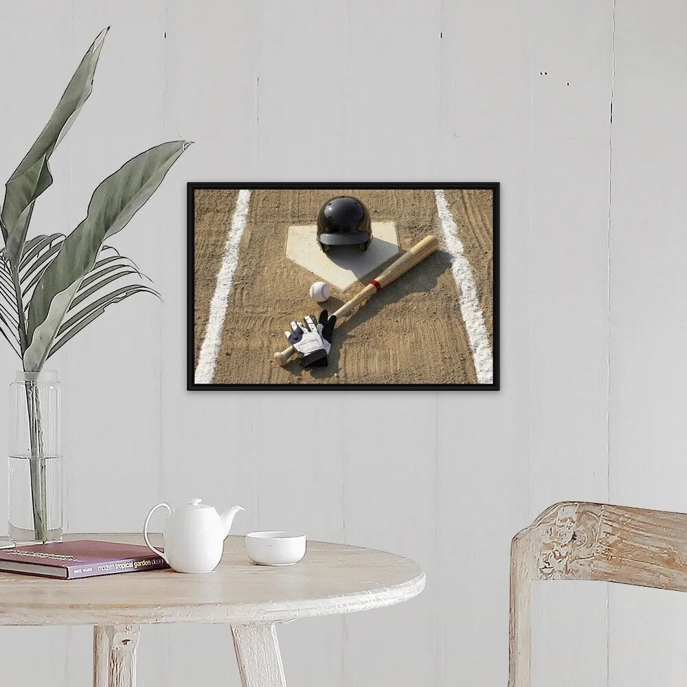 "Baseball, bat, batting gloves and baseball helmet at home plate" Black Float Frame Canvas Art