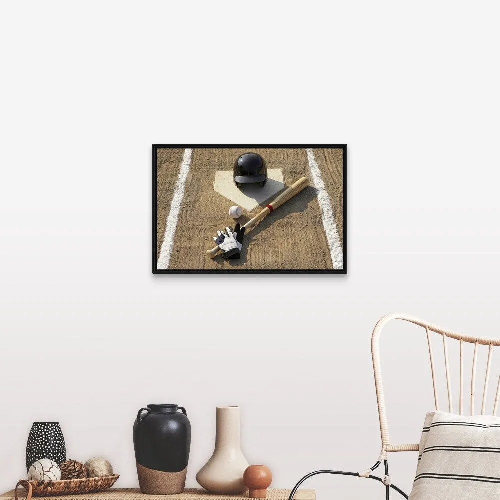 "Baseball, bat, batting gloves and baseball helmet at home plate" Black Float Frame Canvas Art