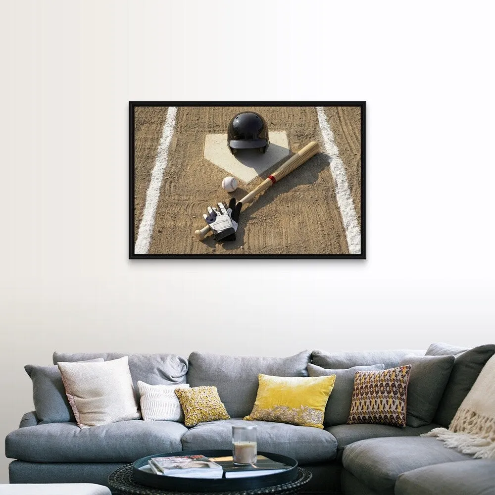 "Baseball, bat, batting gloves and baseball helmet at home plate" Black Float Frame Canvas Art