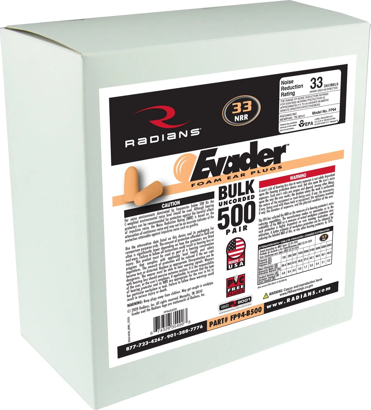 Radians Evader Foam Uncorded Earplug Dispenser Refill - 500 Pair