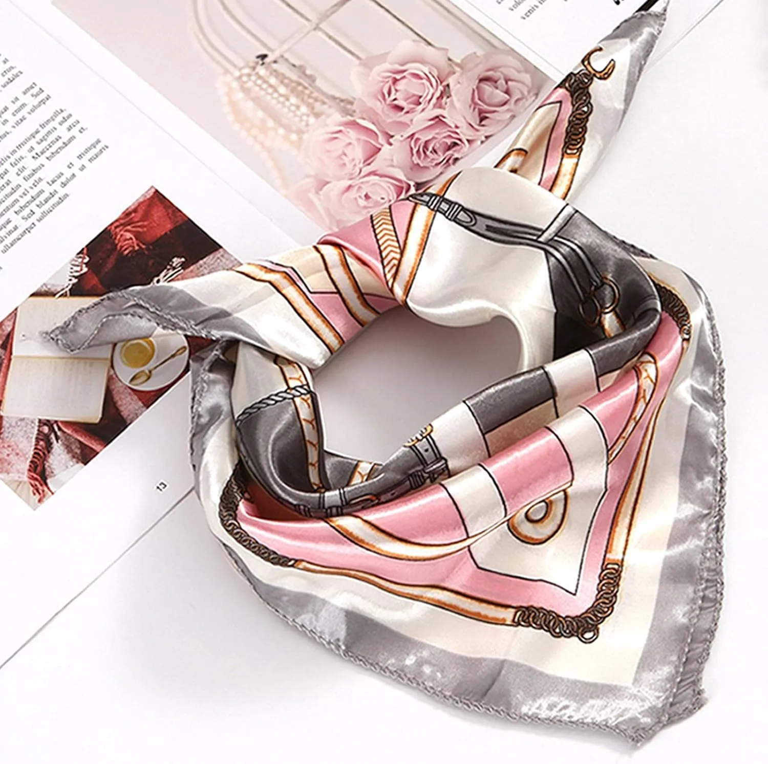 Real Mulberr Silk Scarf Lightweight Neckerchief Women Small Square Digital Printed Scarves Mulberr (Grey, 50 * 50)