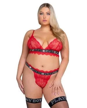 Red Floral Lace Playboy Starlet Bralette & High Waisted Thong Set (Plus Size Available)