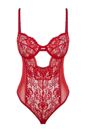 Red Lace Window/Cut Out Detail Snap Bodysuit