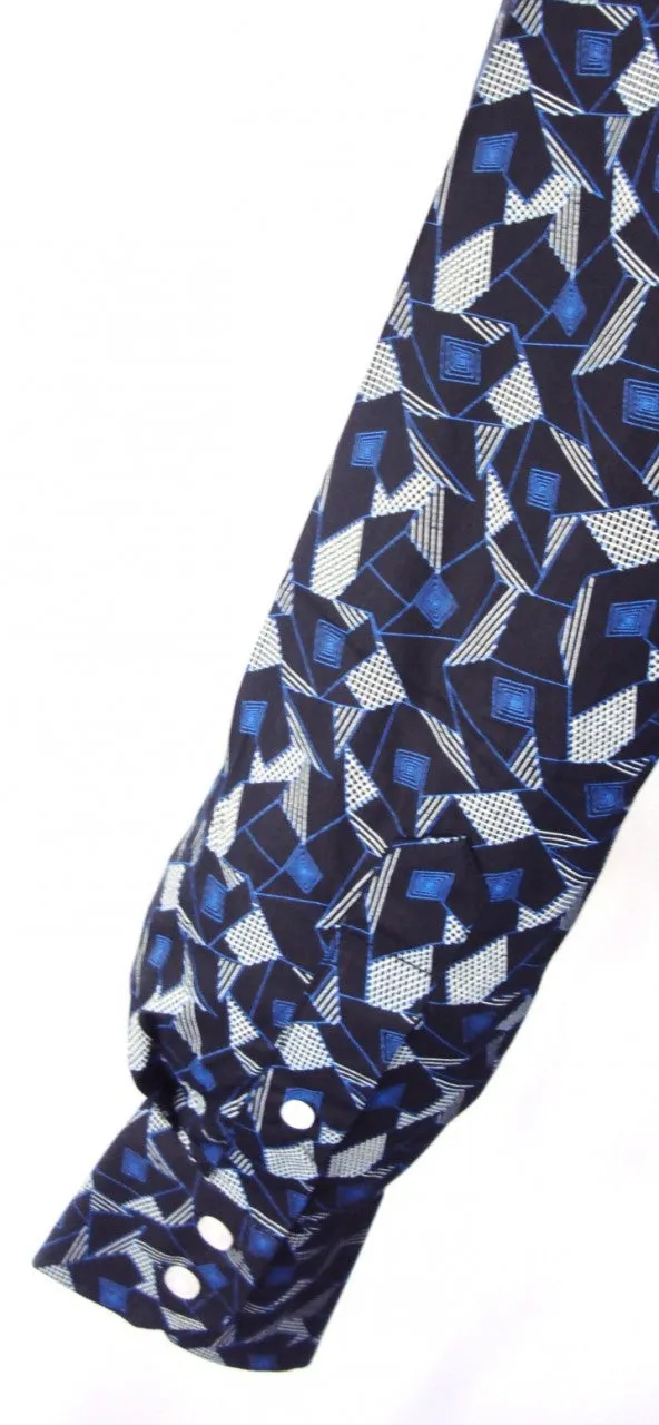 Relco Black Blue Print Cotton Long Sleeved Retro Mod Button Down Shirts