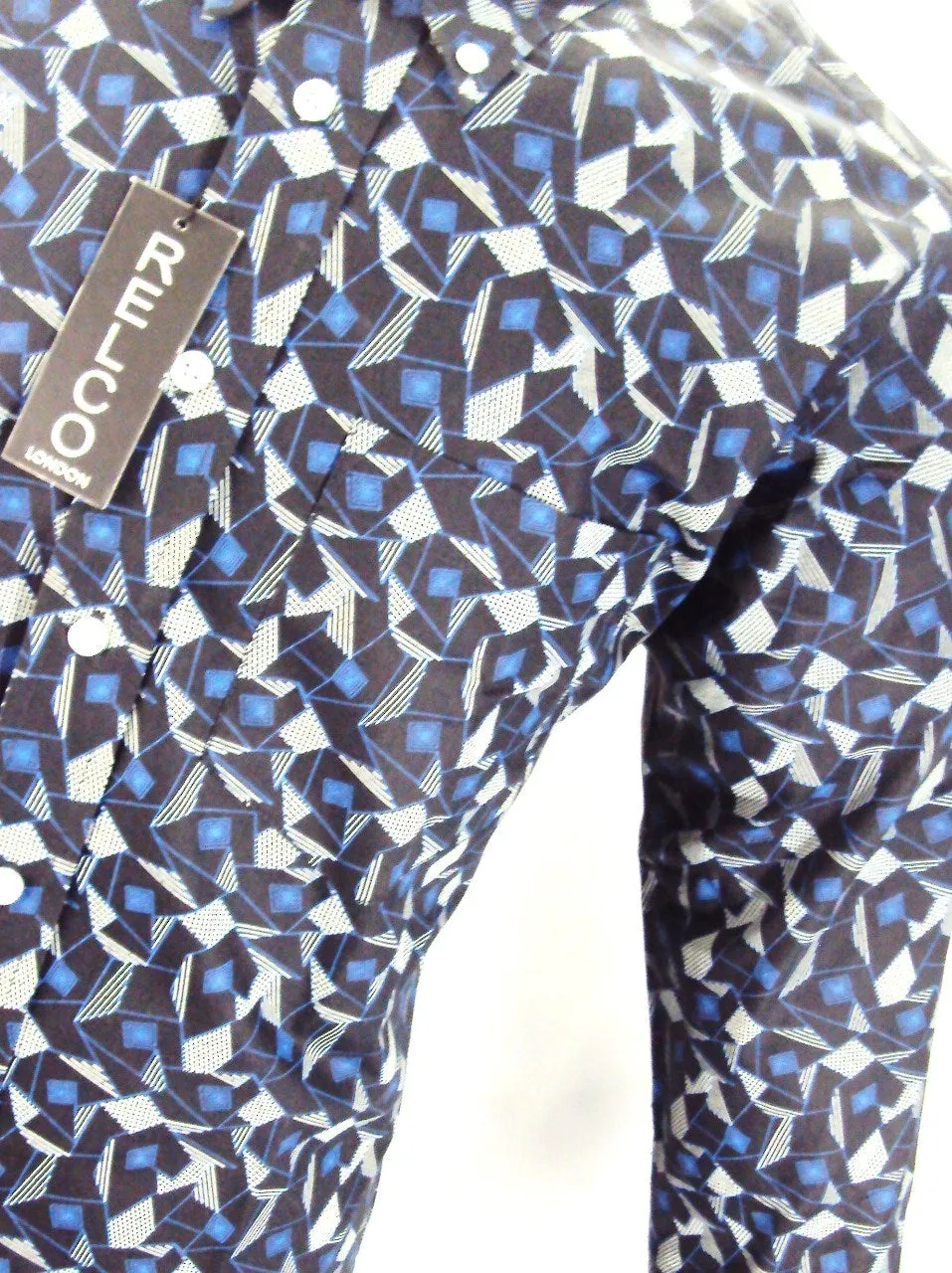 Relco Black Blue Print Cotton Long Sleeved Retro Mod Button Down Shirts