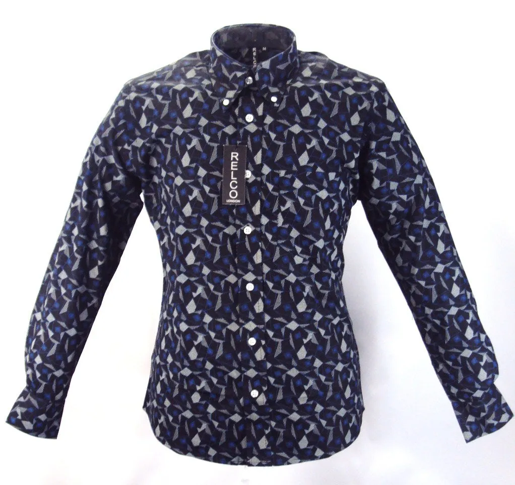 Relco Black Blue Print Cotton Long Sleeved Retro Mod Button Down Shirts