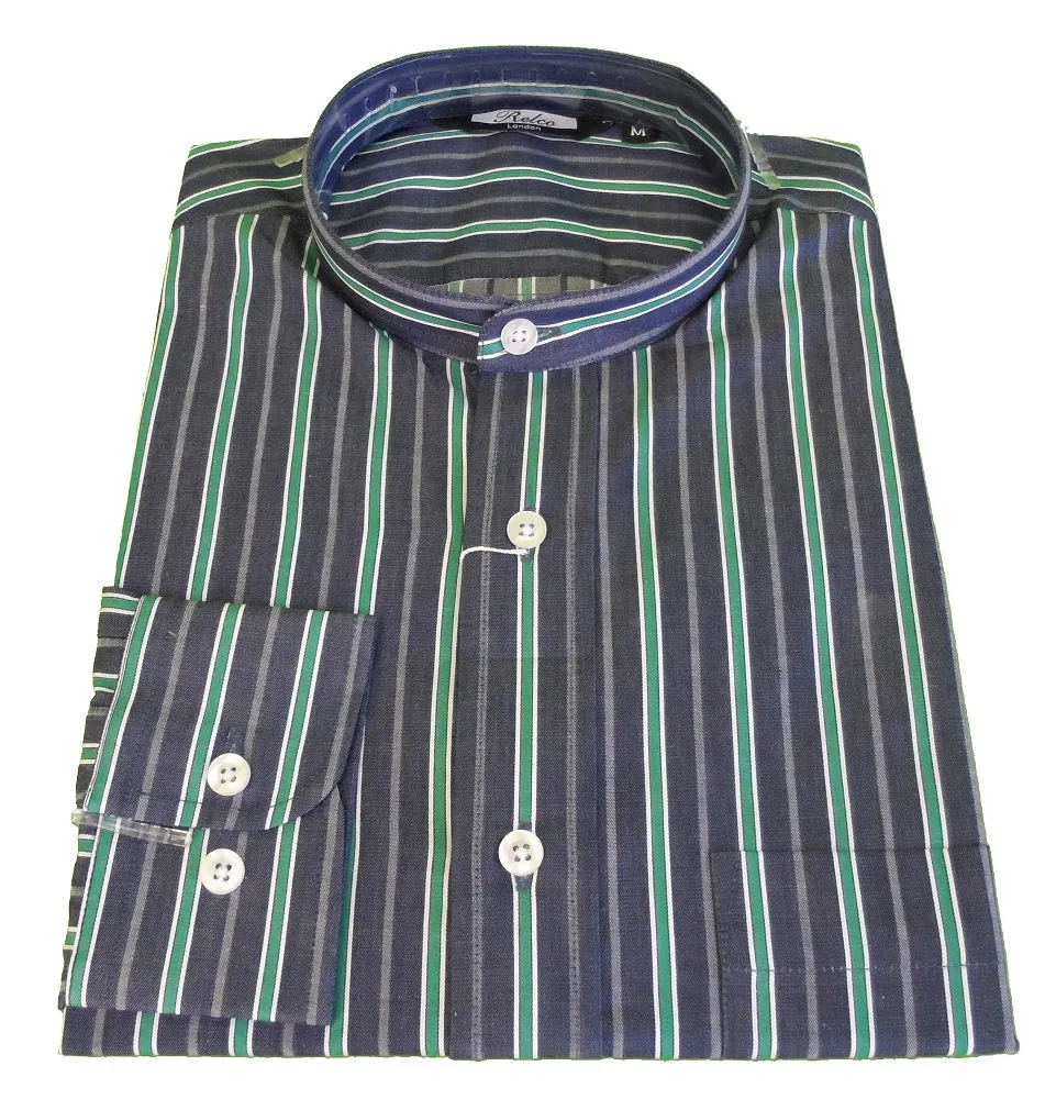 Relco Blue & Green Striped Grandad Collar Long Sleeved Vintage Retro Mod Shirt