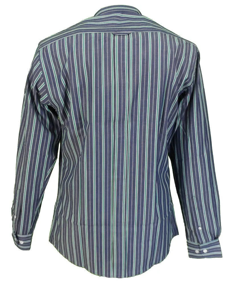 Relco Blue & Green Striped Grandad Collar Long Sleeved Vintage Retro Mod Shirt