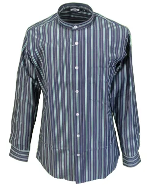 Relco Blue & Green Striped Grandad Collar Long Sleeved Vintage Retro Mod Shirt