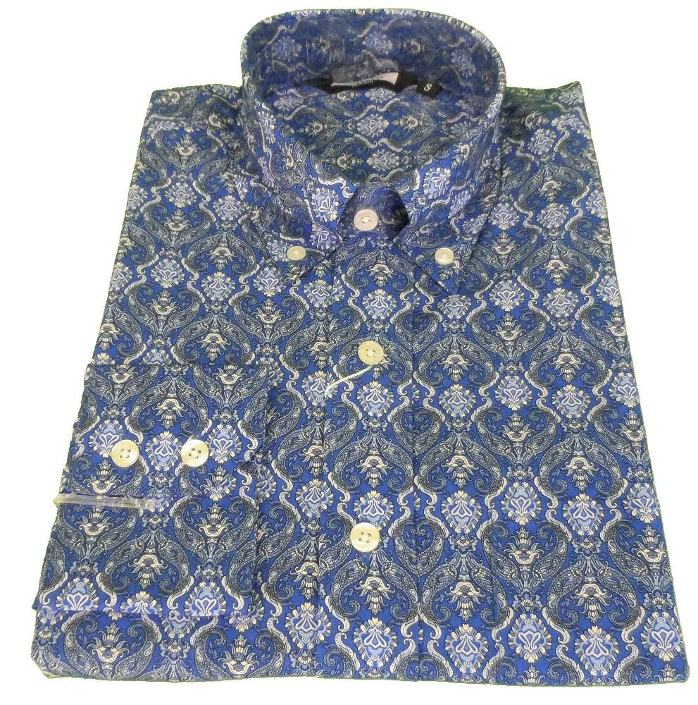 Relco Blue Retro Print 100% Cotton Long Sleeved Retro Mod Button Down Shirt