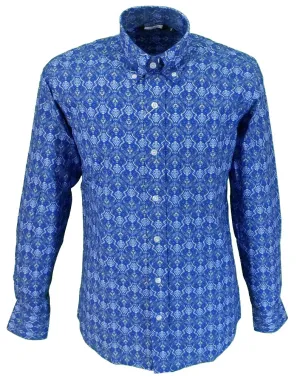 Relco Blue Retro Print 100% Cotton Long Sleeved Retro Mod Button Down Shirt