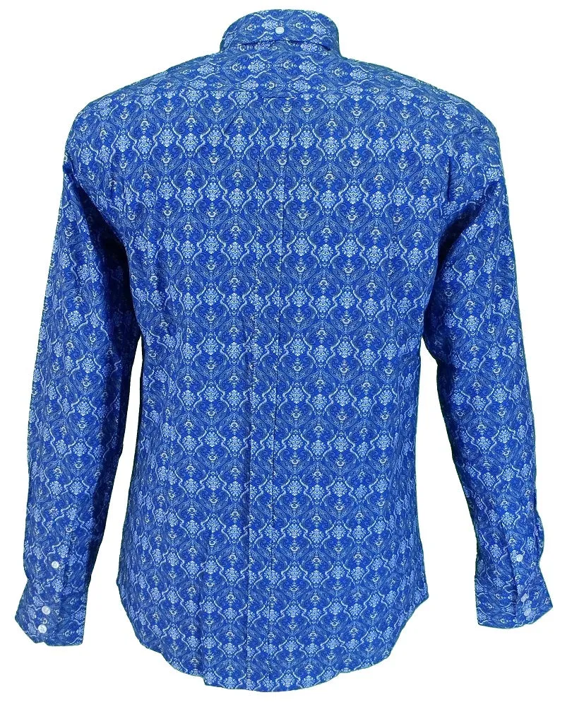 Relco Blue Retro Print 100% Cotton Long Sleeved Retro Mod Button Down Shirt