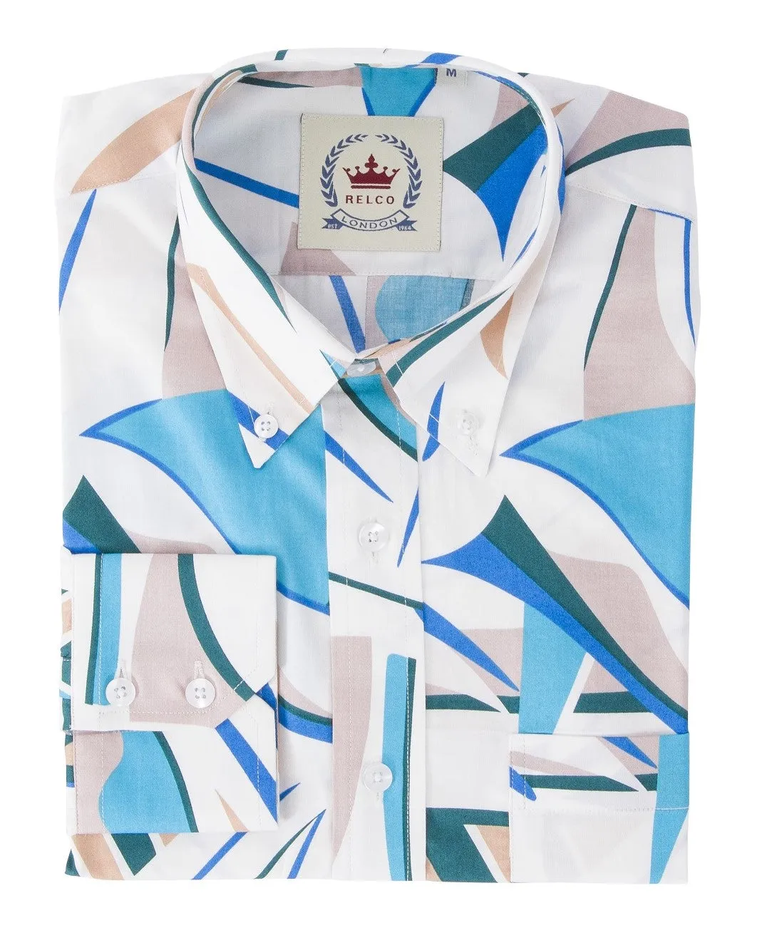 Relco Mens Limited Edition Blue Retro Print Button Down Shirt