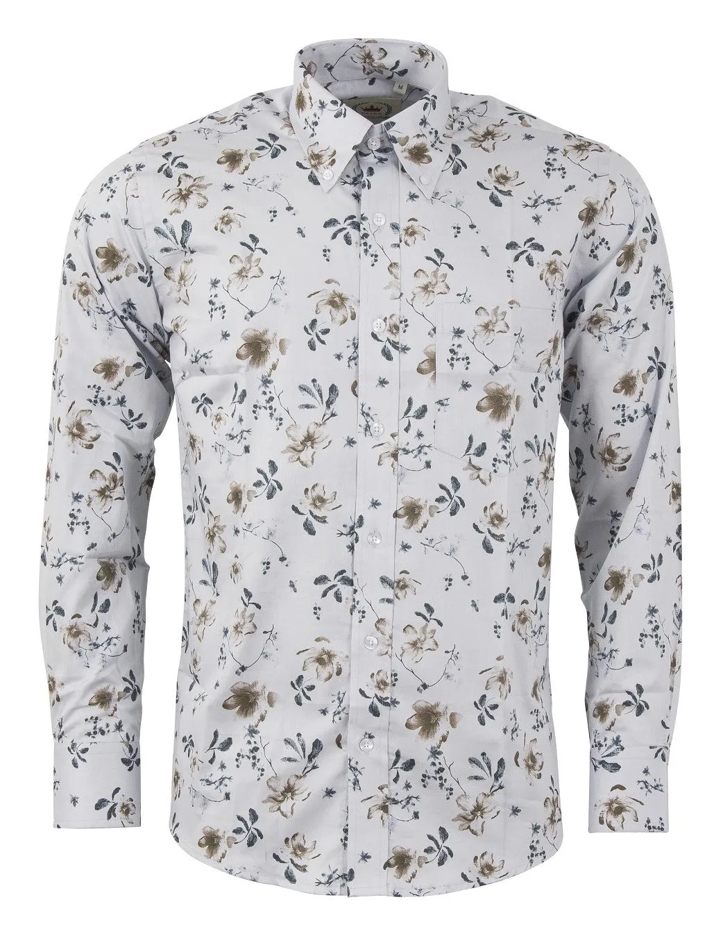 Relco Mens Limited Edition Light Grey Floral Print Button Down Shirt
