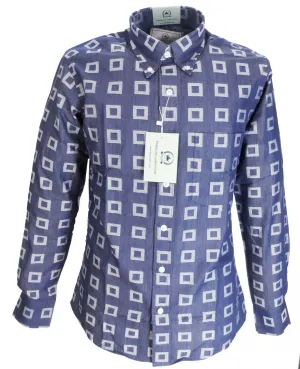 Relco Mens Platinum Navy Squares  Cotton Long Sleeved Button Down Shirts