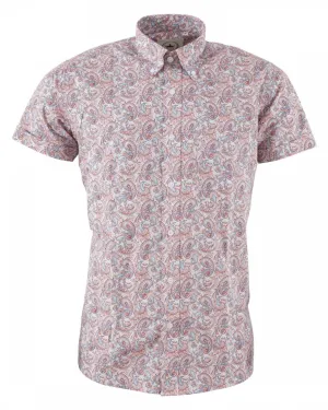 Relco Mens Red and Blue Paisley Short Sleeved Retro Mod Button Down Shirt