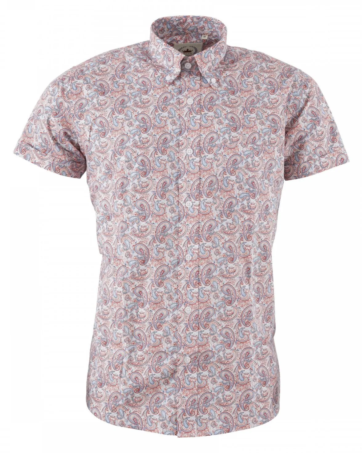 Relco Mens Red and Blue Paisley Short Sleeved Retro Mod Button Down Shirt
