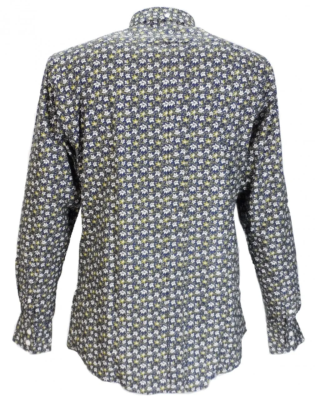 Relco Navy Olive Floral Cotton Long Sleeved Retro Mod Button Down Shirts