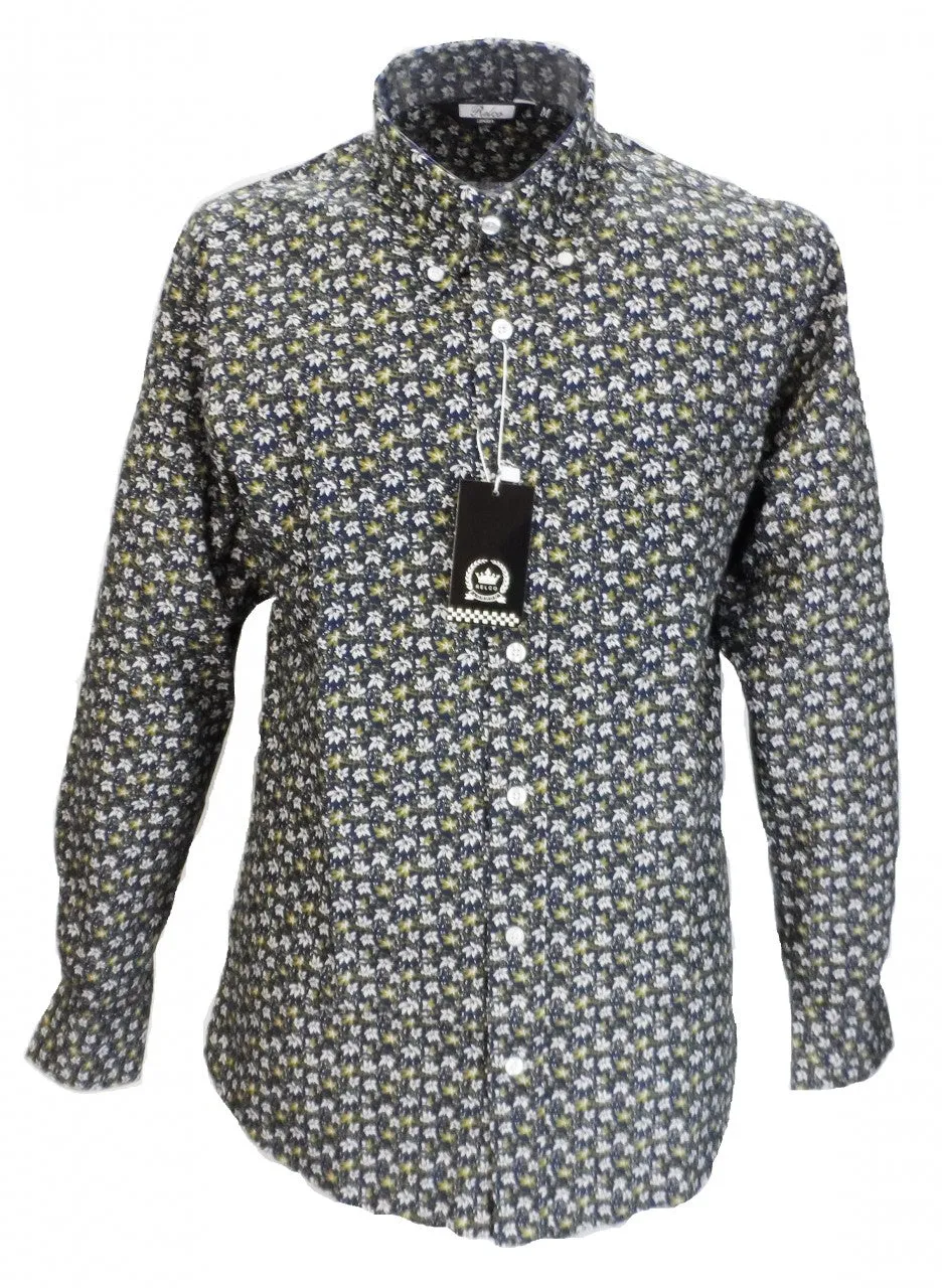 Relco Navy Olive Floral Cotton Long Sleeved Retro Mod Button Down Shirts