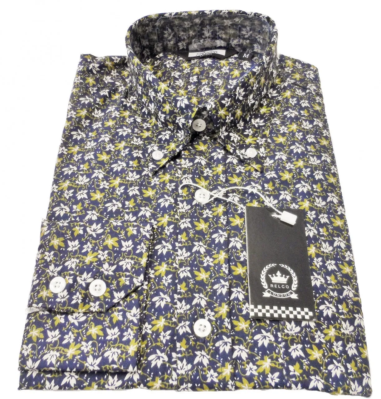 Relco Navy Olive Floral Cotton Long Sleeved Retro Mod Button Down Shirts