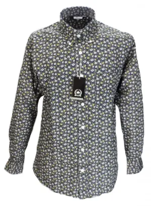 Relco Navy Olive Floral Cotton Long Sleeved Retro Mod Button Down Shirts