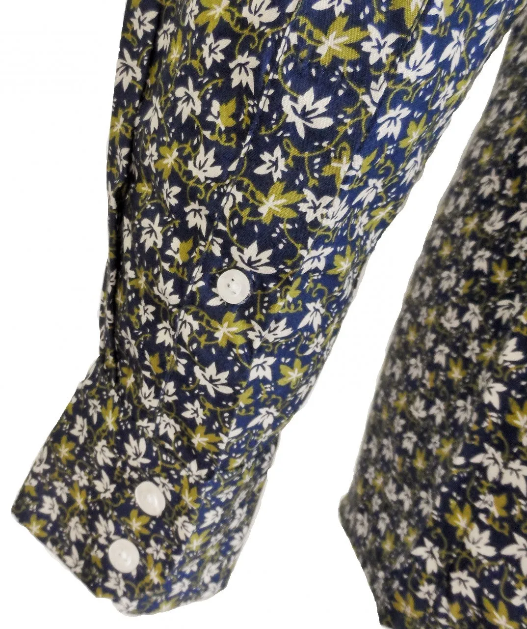 Relco Navy Olive Floral Cotton Long Sleeved Retro Mod Button Down Shirts