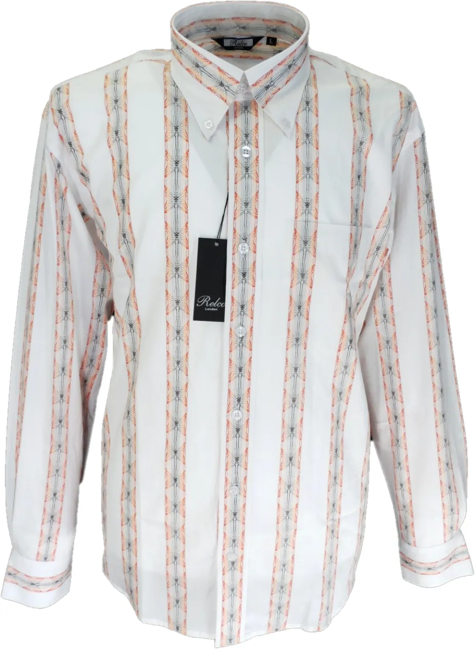 Relco Off White Orange Striped Cotton Long Sleeved Retro Mod Button Down Shirts