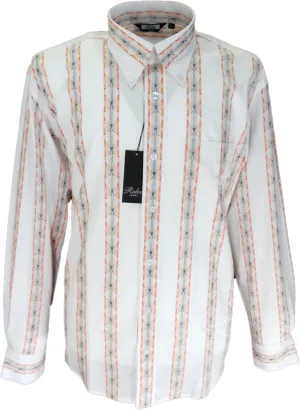 Relco Off White Orange Striped Cotton Long Sleeved Retro Mod Button Down Shirts