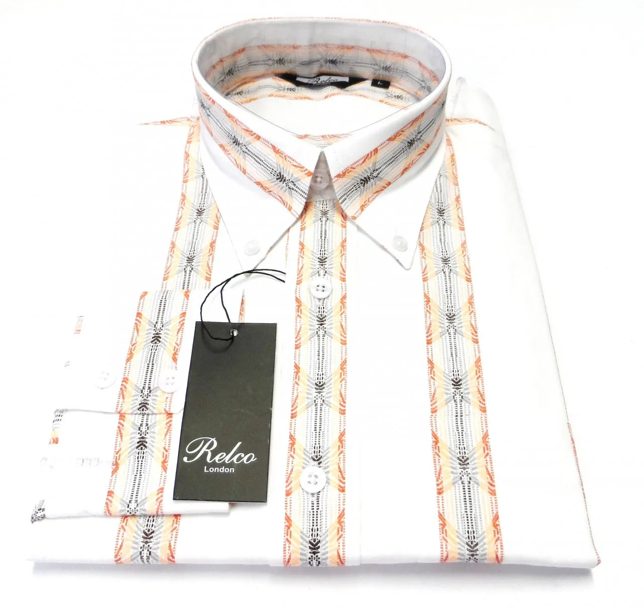 Relco Off White Orange Striped Cotton Long Sleeved Retro Mod Button Down Shirts