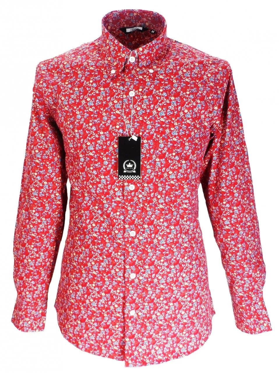 Relco Red Floral Cotton Long Sleeved Retro Mod Button Down Shirts