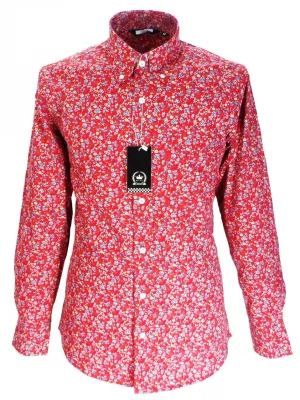Relco Red Floral Cotton Long Sleeved Retro Mod Button Down Shirts