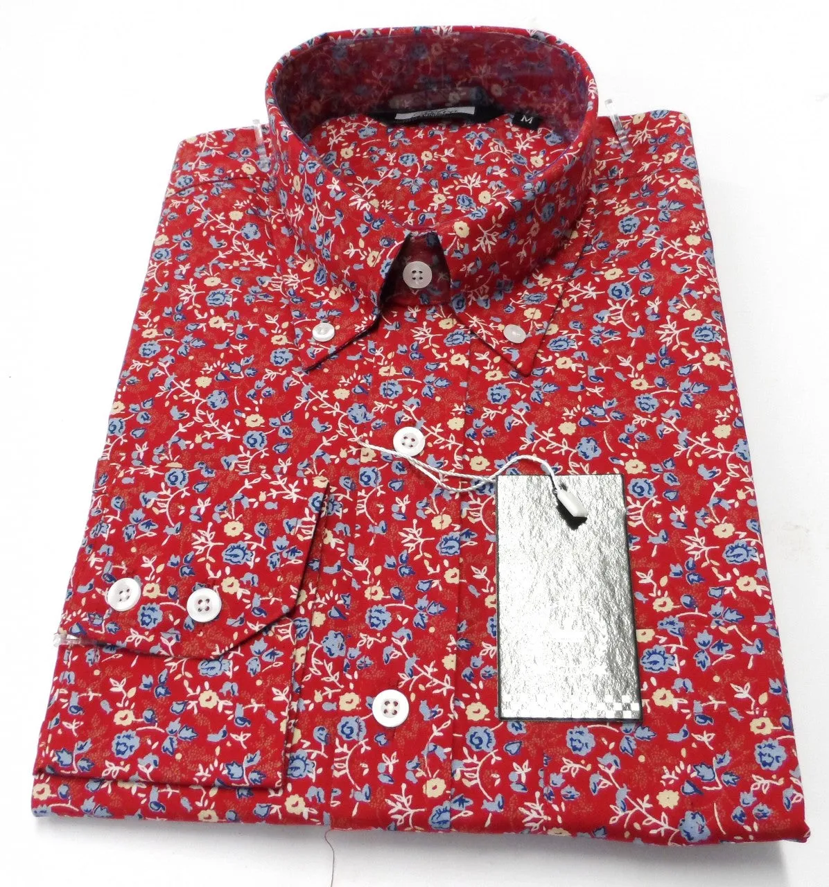 Relco Red Floral Cotton Long Sleeved Retro Mod Button Down Shirts