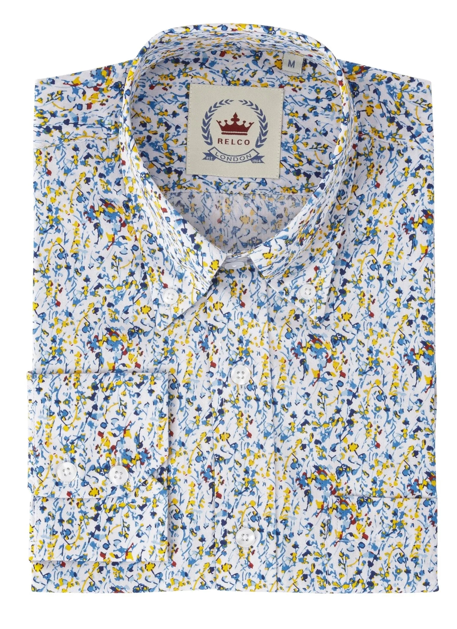 Relco Yellow/Blue Floral Long Sleeved Retro Mod Button Down Shirt