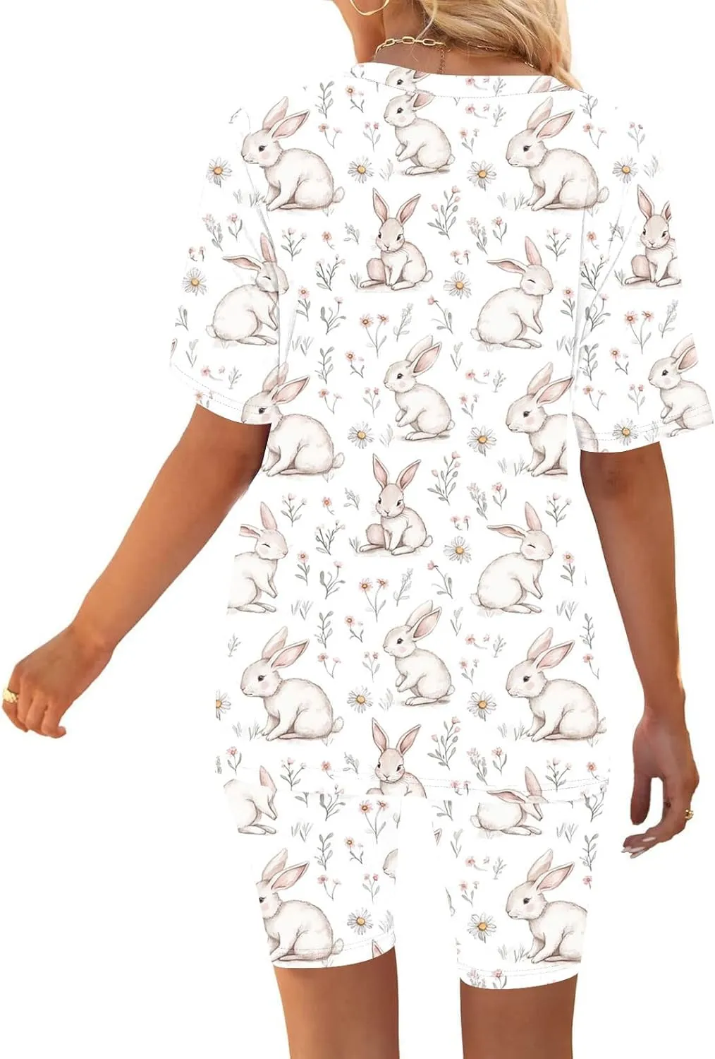 Ruziyoog Easter Pajamas Sets for Women Funny Bunny Print Short Sleeve Tops and Shorts Soft Sleepwear Casual Lounge Sets