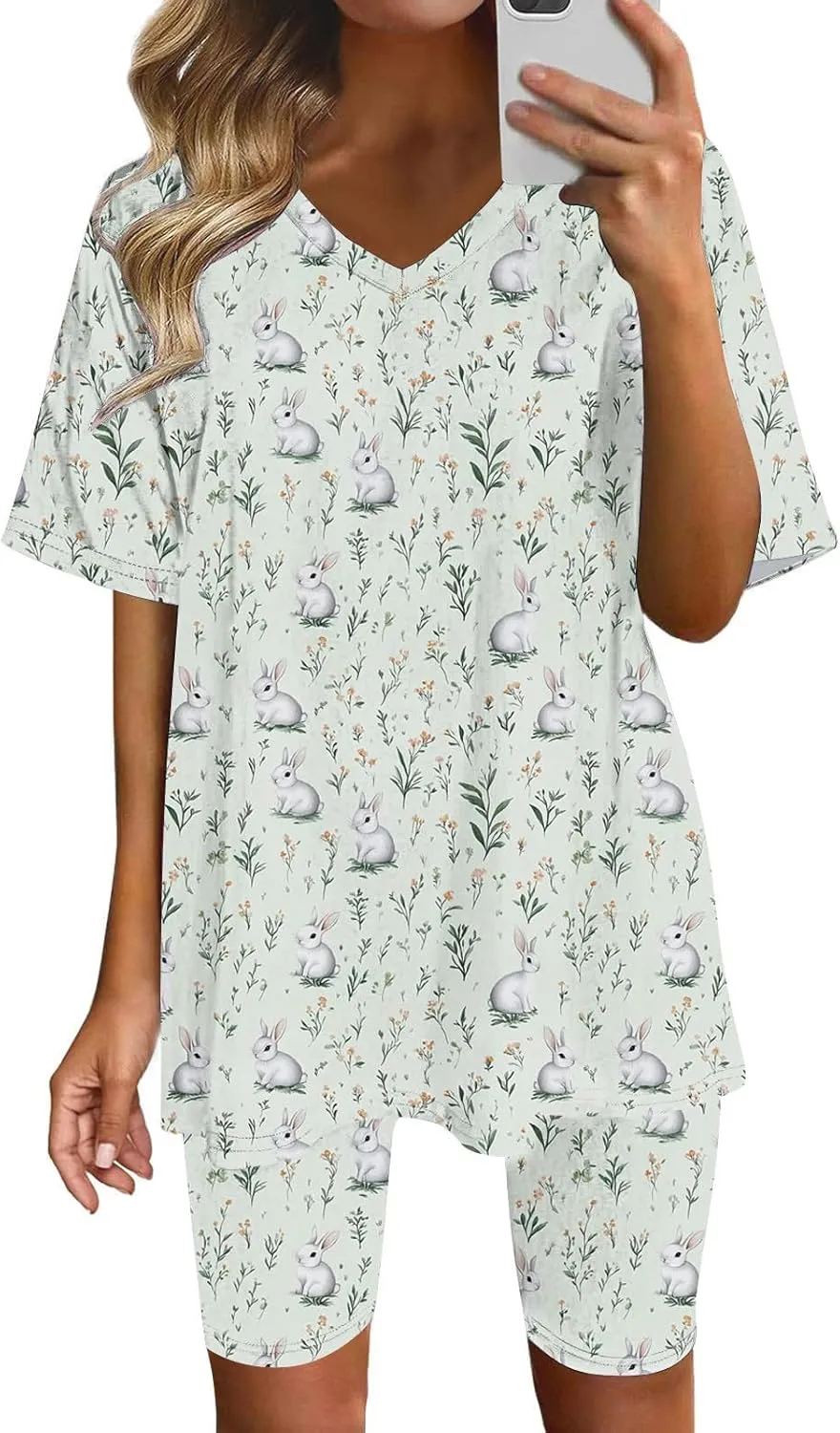 Ruziyoog Easter Pajamas Sets for Women Funny Bunny Print Short Sleeve Tops and Shorts Soft Sleepwear Casual Lounge Sets