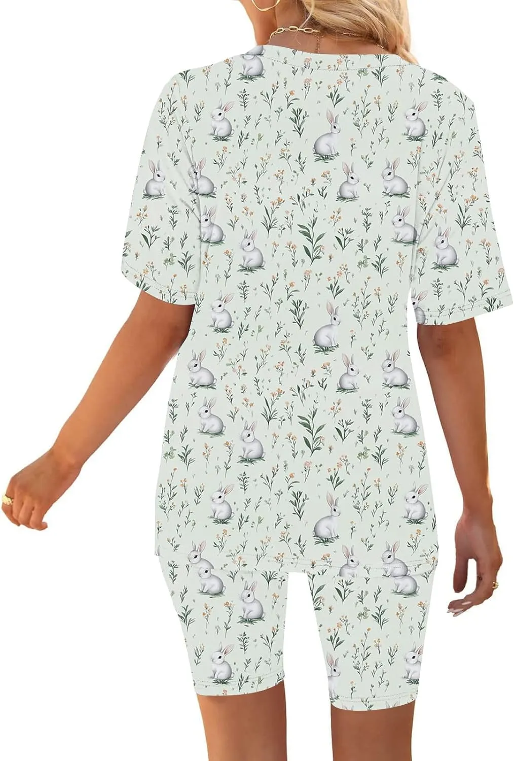 Ruziyoog Easter Pajamas Sets for Women Funny Bunny Print Short Sleeve Tops and Shorts Soft Sleepwear Casual Lounge Sets