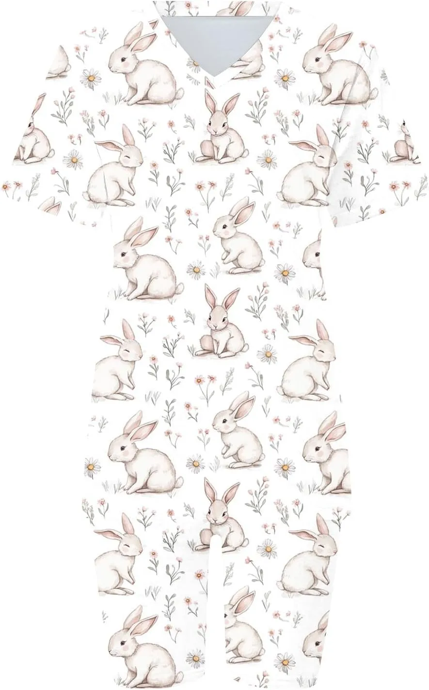 Ruziyoog Easter Pajamas Sets for Women Funny Bunny Print Short Sleeve Tops and Shorts Soft Sleepwear Casual Lounge Sets