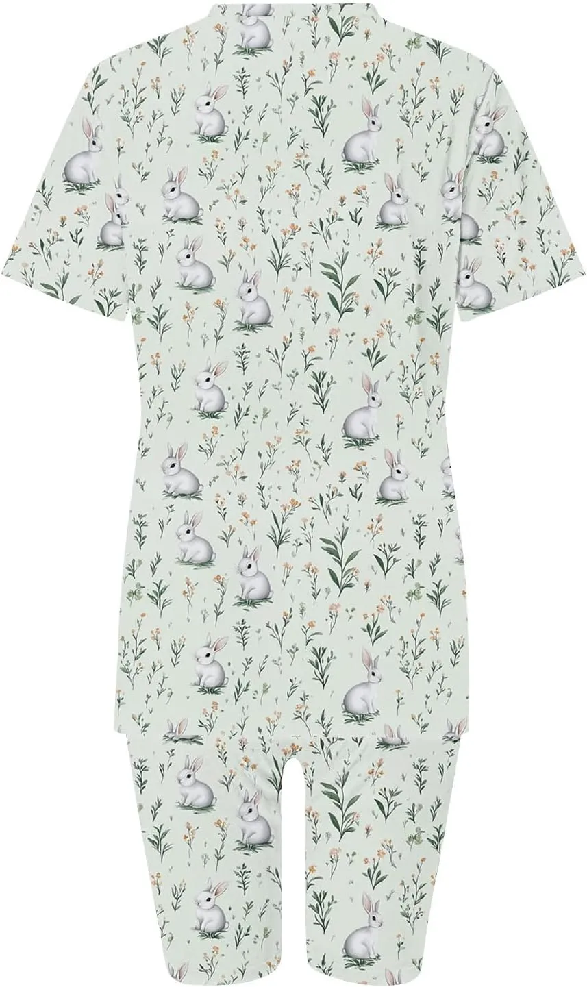 Ruziyoog Easter Pajamas Sets for Women Funny Bunny Print Short Sleeve Tops and Shorts Soft Sleepwear Casual Lounge Sets