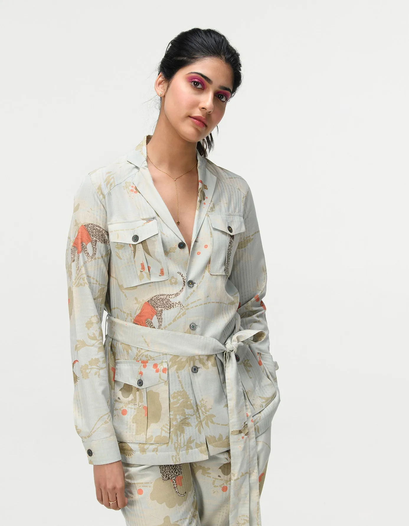 Safari Jacket Cotton Silk Check Ice Blue