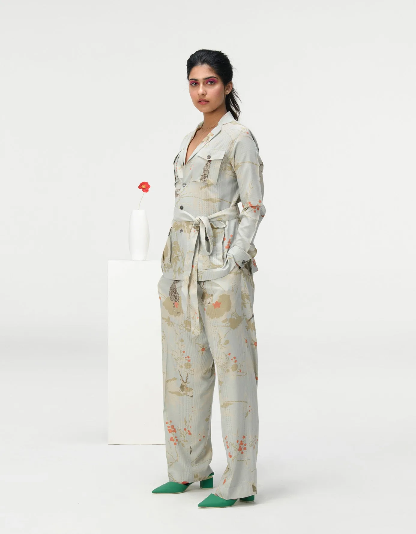 Safari Jacket Cotton Silk Check Ice Blue
