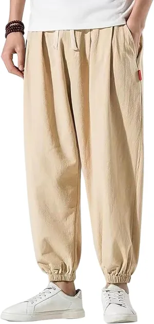 sandbank Men's Drawstring Linen Cotton Pants Summer Cotton Linen Loose Yoga Jogger Pants Trousers