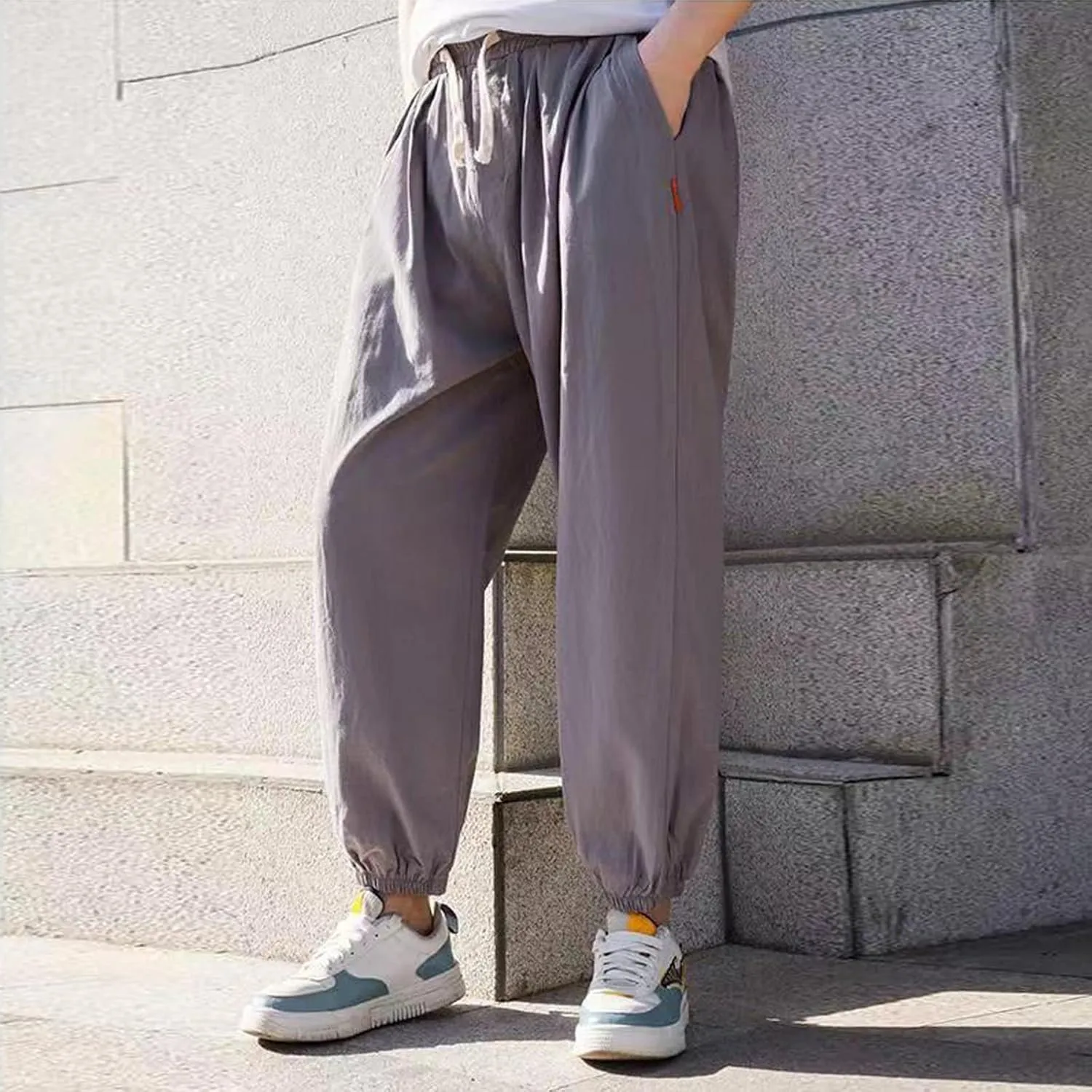 sandbank Men's Drawstring Linen Cotton Pants Summer Cotton Linen Loose Yoga Jogger Pants Trousers