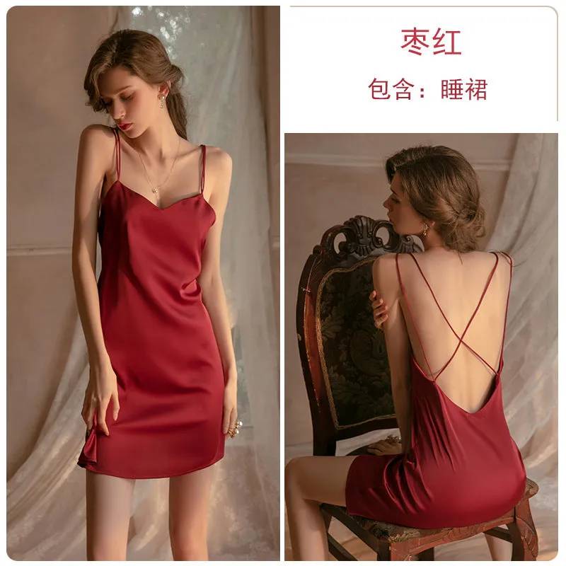 Satin Backless Spaghetti Slip Nightdress Homewear Set
