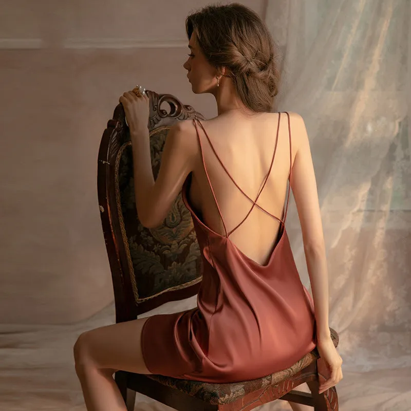 Satin Backless Spaghetti Slip Nightdress Homewear Set