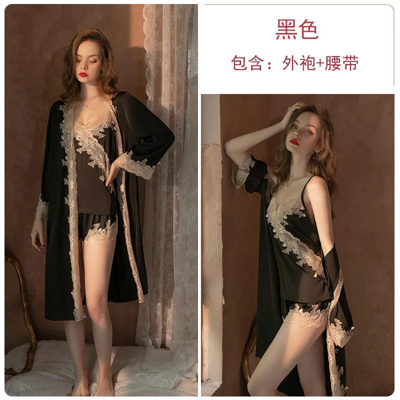 Satin Lace Tank Top Shorts Tie Robe Homewear Bathrobe Set