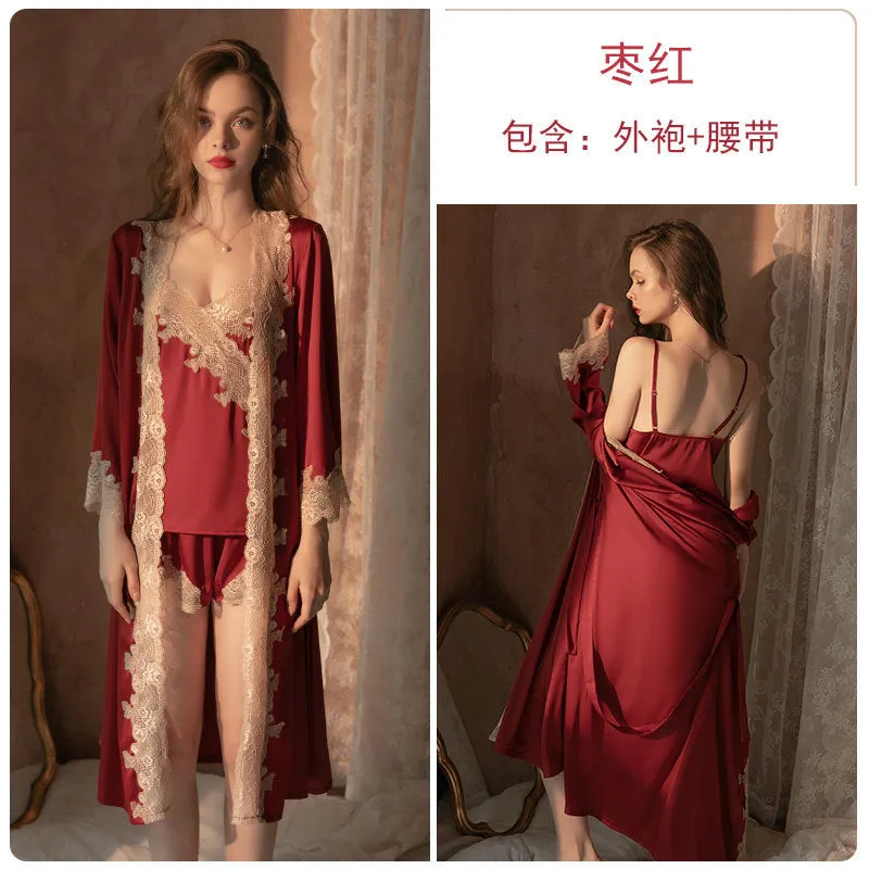 Satin Lace Tank Top Shorts Tie Robe Homewear Bathrobe Set