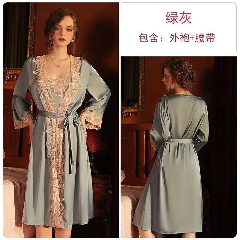 Satin Lace Tank Top Shorts Tie Robe Homewear Bathrobe Set
