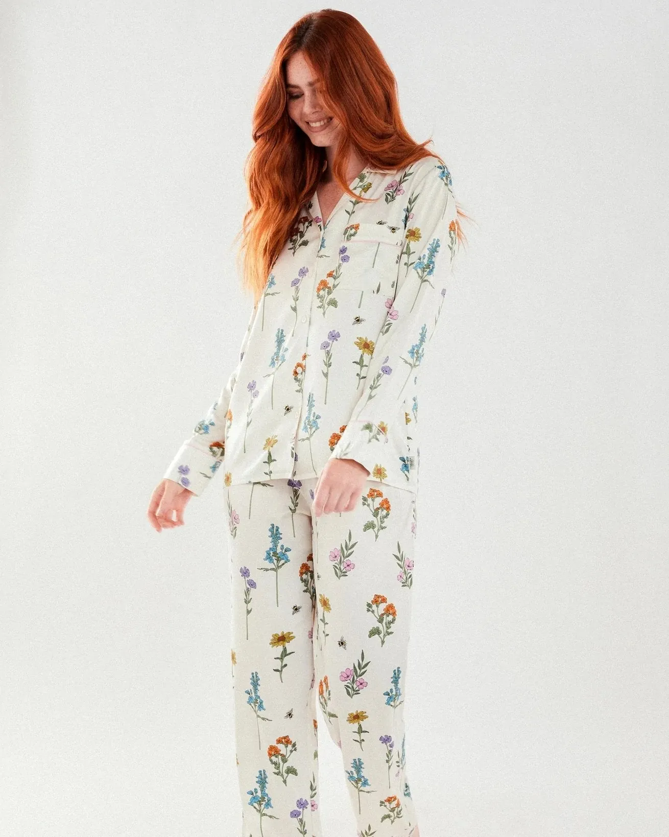 Satin Long Pyjama Floral Print Button Up  Set